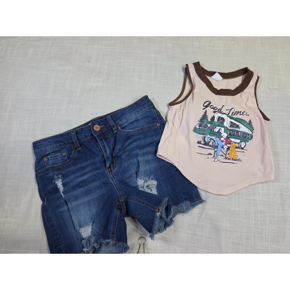 Indigo Rein Distressed Denim Shorts & Good Times Camper Graphic Tank Set Size 5